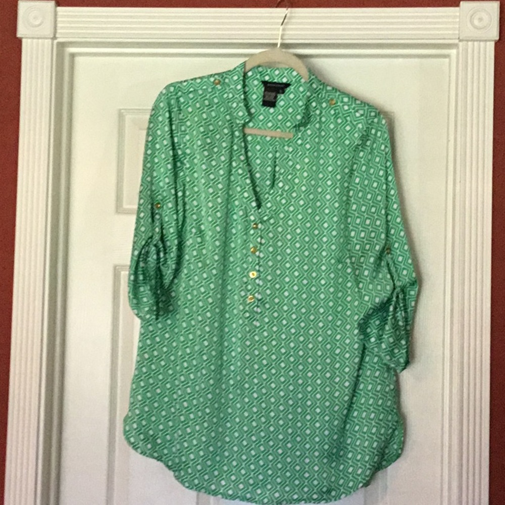 Green and white blouse with gold buttons
